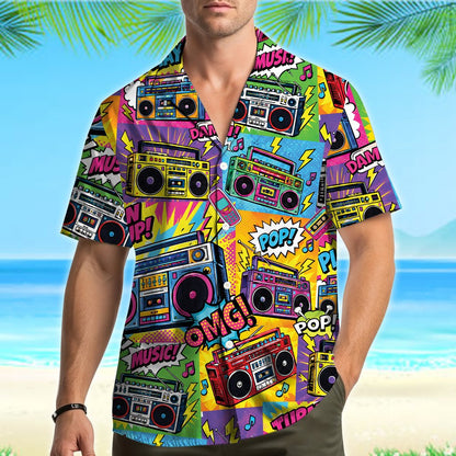 Second lifestyle view of adult wearing retro hawaiian shirt