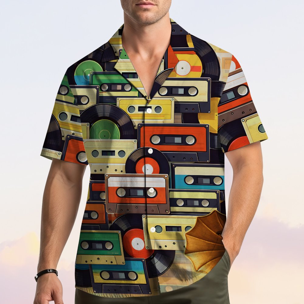 Second lifestyle view of a person modeling the vintage music themed hawaiian shirt
