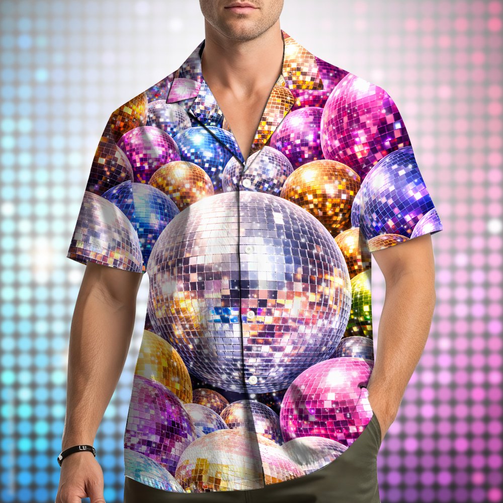 Another lifestyle view showing the multicolor disco ball hawaiian shirt in action
