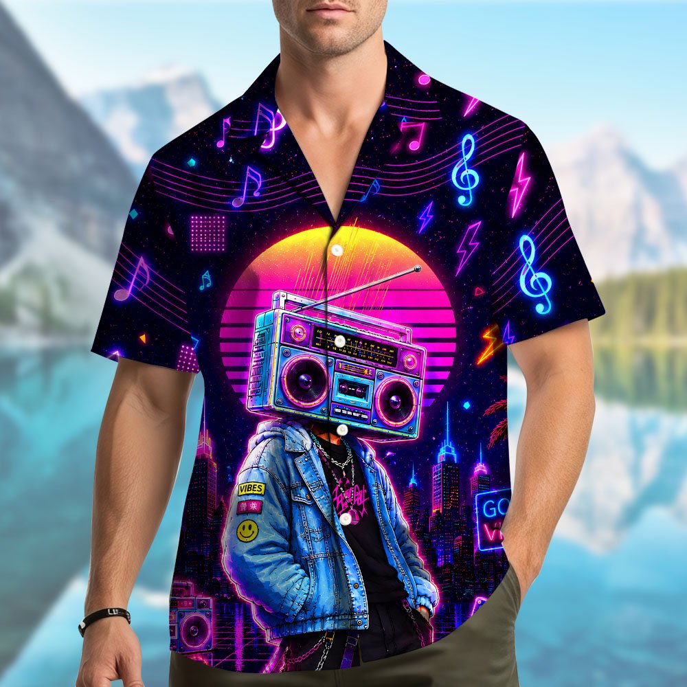 Lifestyle view of the neon retro hawaiian shirt