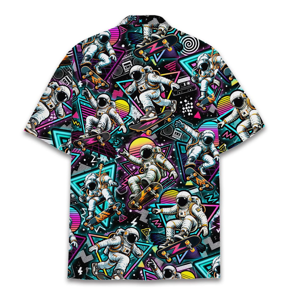 Lifestyle view of the family hawaiian shirts with neon geometric shapes