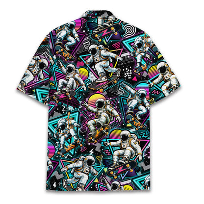 Lifestyle view of the family hawaiian shirts with neon geometric shapes