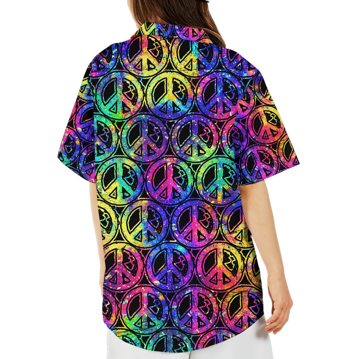 Third lifestyle view showcasing the bright rainbow colors of the hawaiian shirt