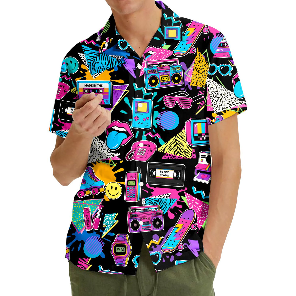 Third lifestyle view of the black retro hawaiian shirt outdoors
