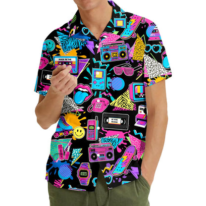Third lifestyle view of the black retro hawaiian shirt outdoors