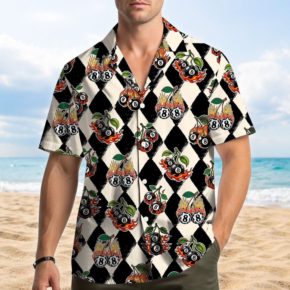 Final lifestyle view of the matching family hawaiian shirt design