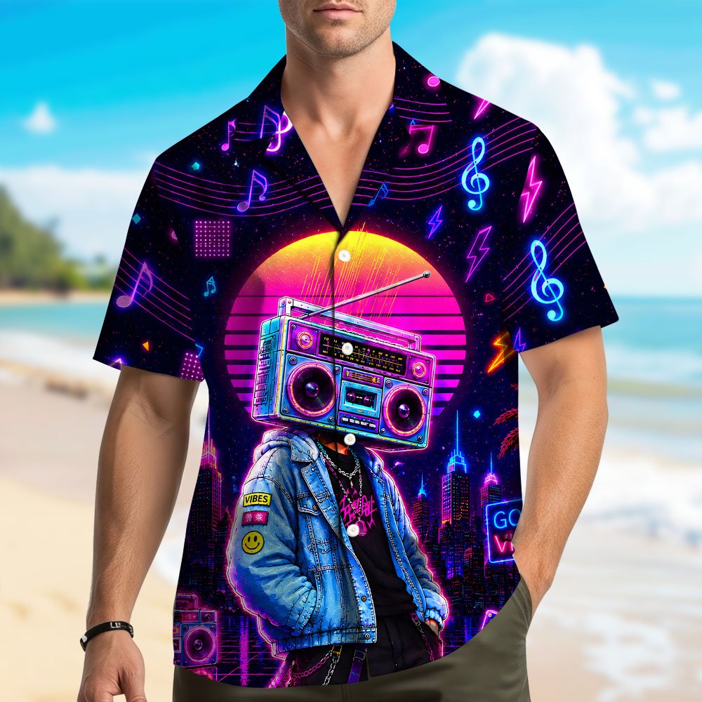Person wearing the black and neon retro boombox hawaiian shirt