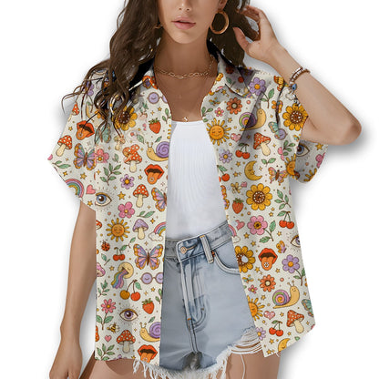 Lifestyle view 4 showing the off-white and colorful patterned shirt