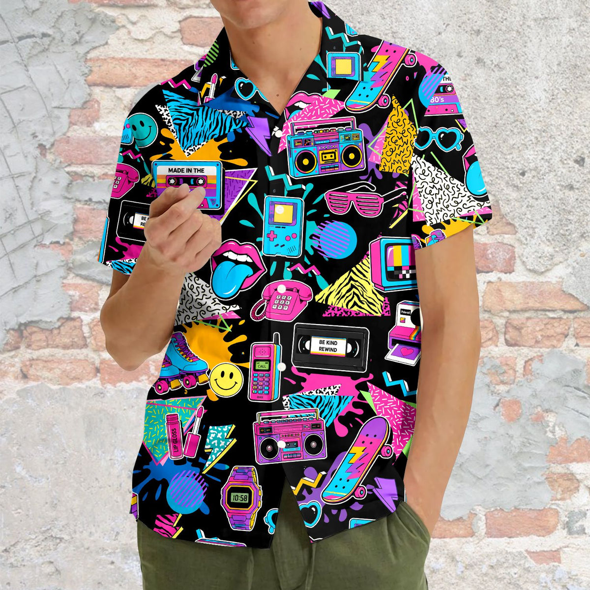 Fourth lifestyle view highlighting the comfortable fit of the retro hawaiian shirt