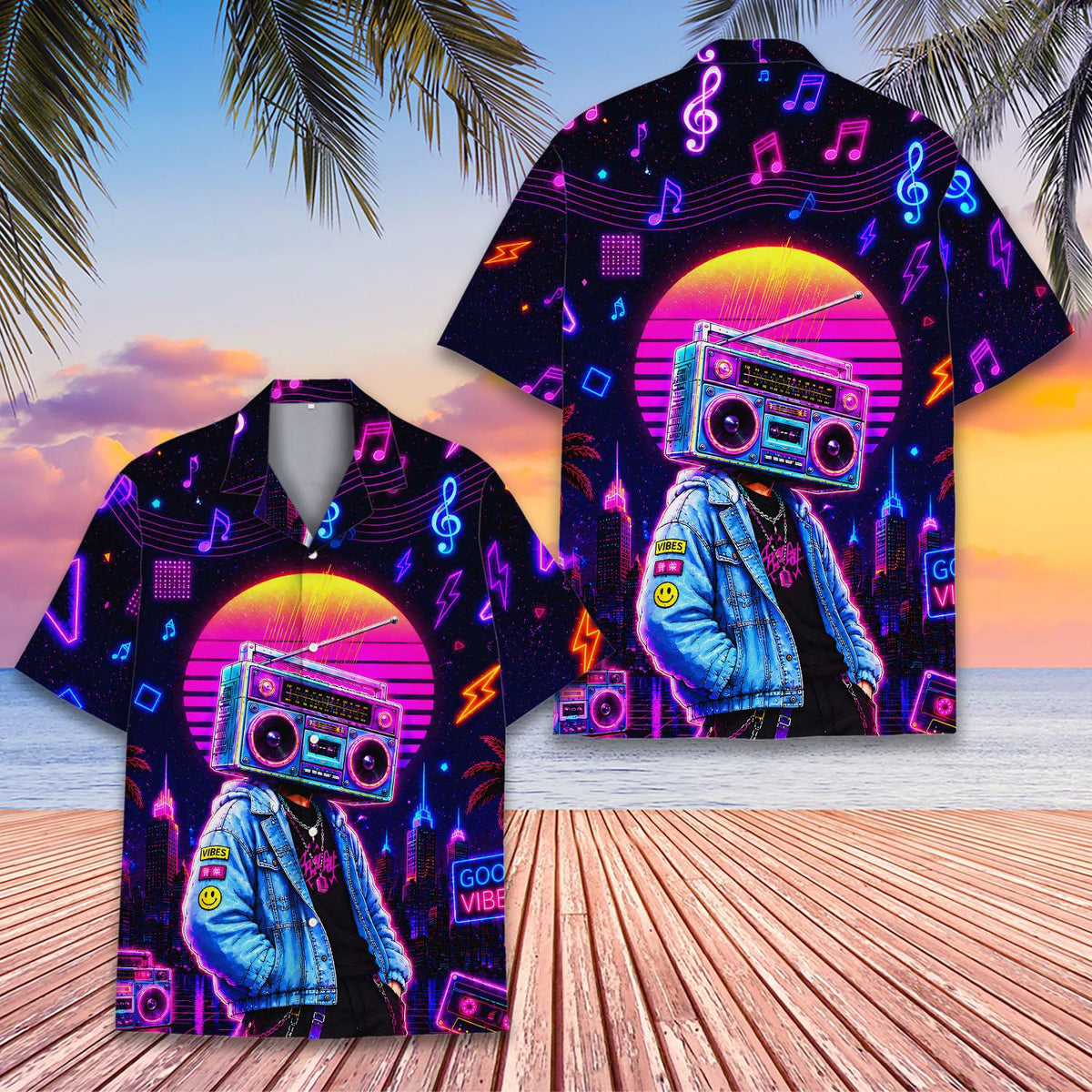 Matching family hawaiian shirts retro design lifestyle view
