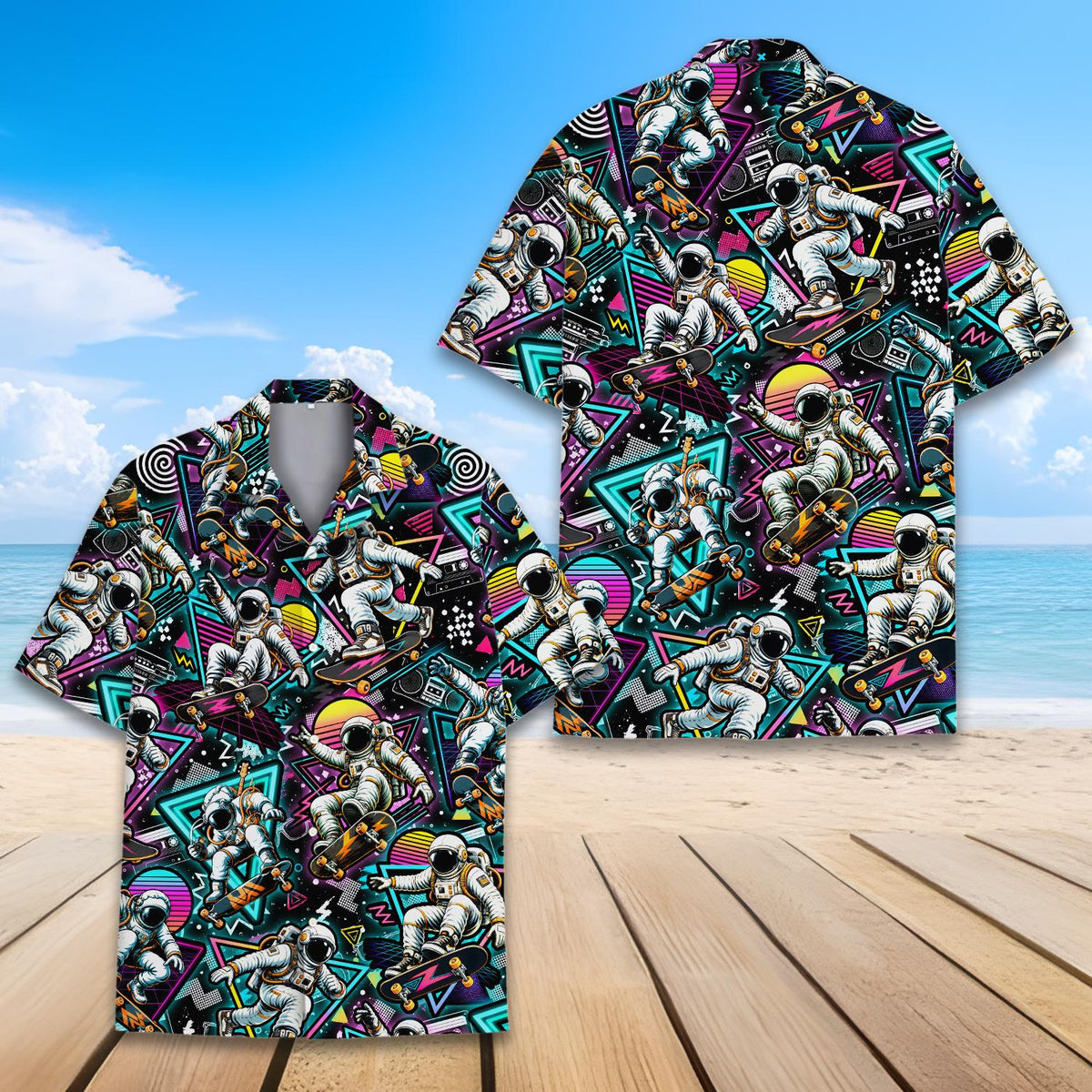 Group wearing the retro astronaut skateboard hawaiian shirts in a lifestyle setting
