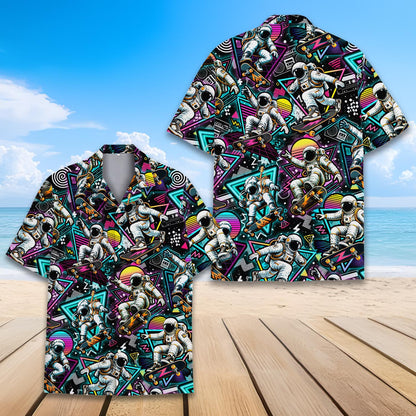 Group wearing the retro astronaut skateboard hawaiian shirts in a lifestyle setting
