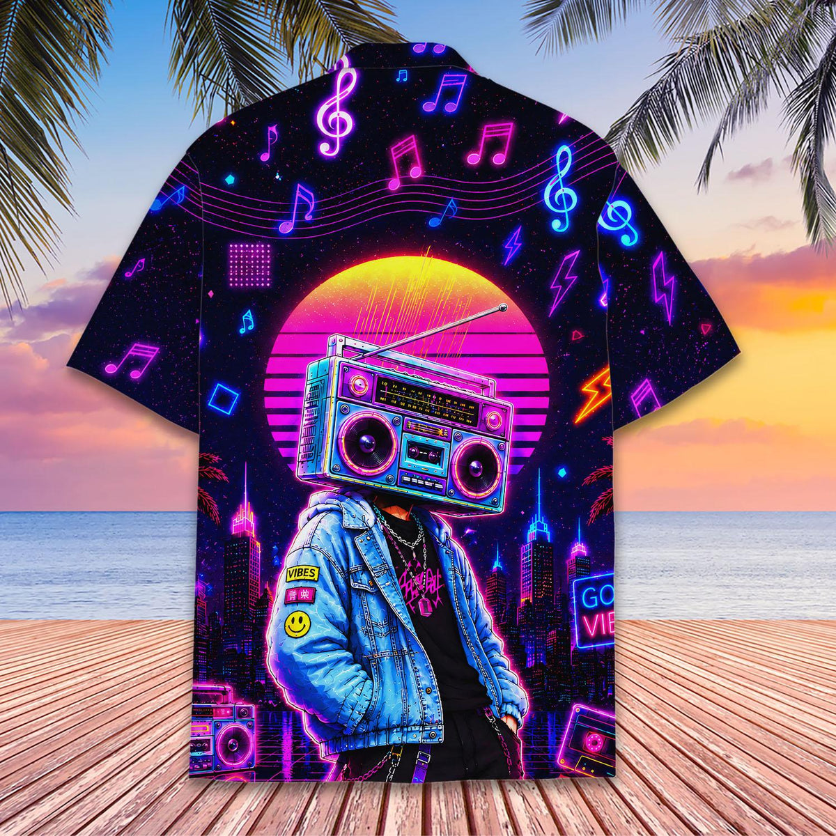 Close up lifestyle view of the neon retro boombox hawaiian shirt