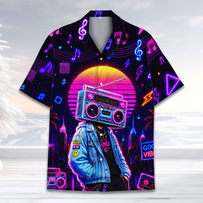 Outdoor lifestyle shot of the retro neon boombox hawaiian shirt