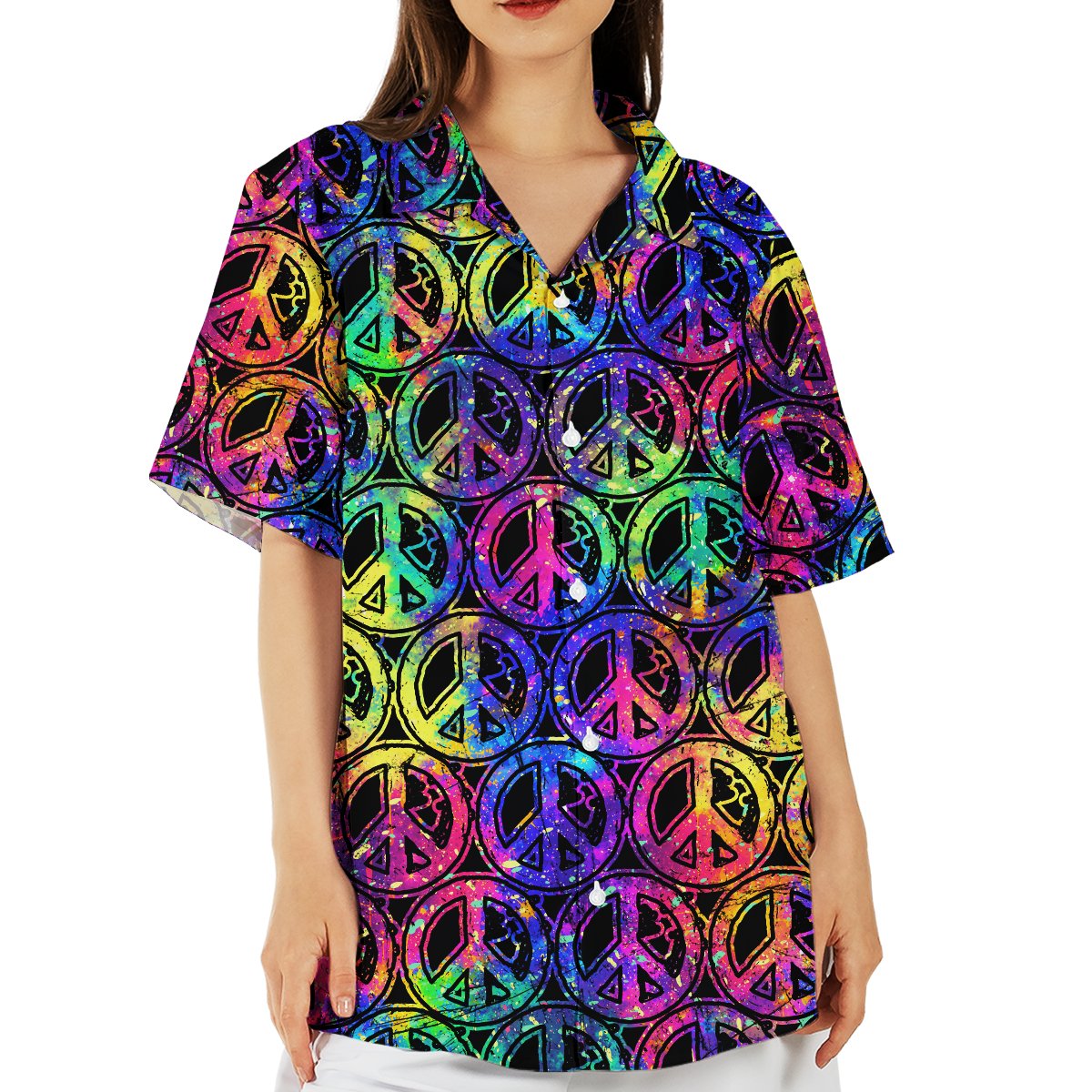 Lifestyle view of someone wearing the matching family hawaiian shirts outdoors