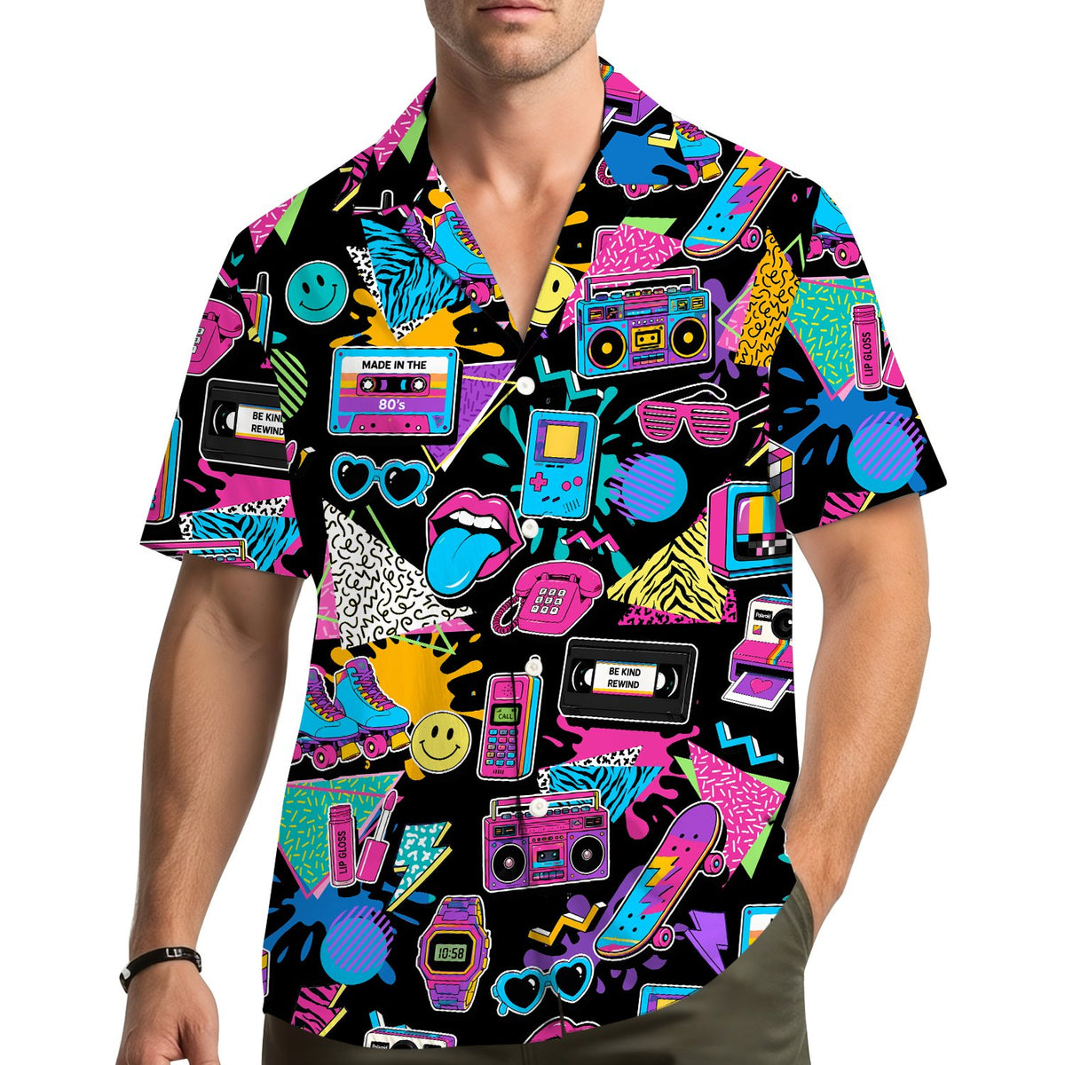 Lifestyle view of a person wearing the retro hawaiian shirt