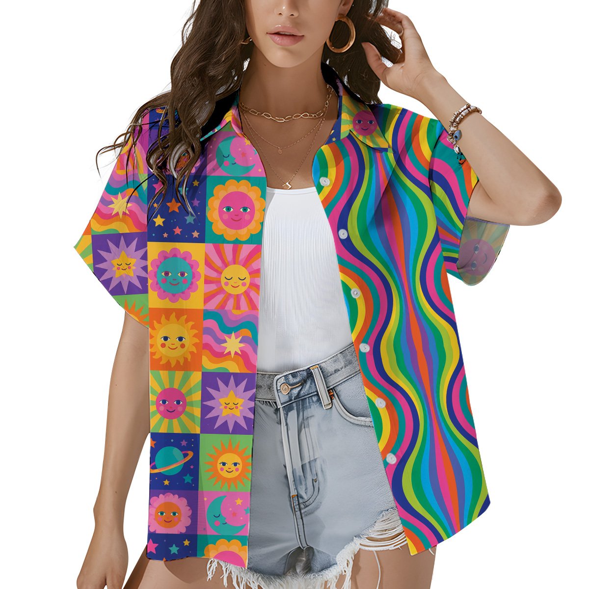 Lifestyle view of someone wearing the matching family hawaiian shirt outdoors
