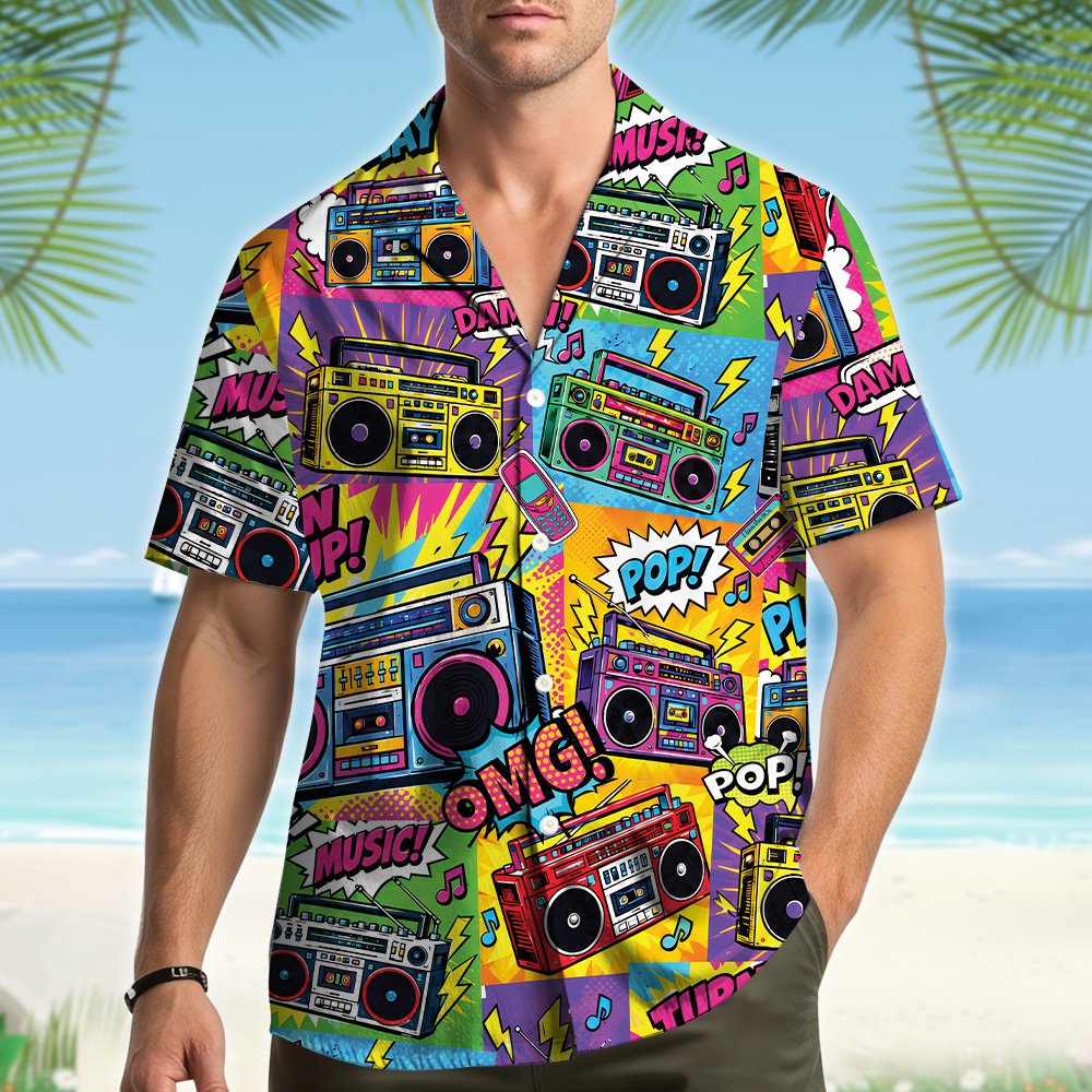 Lifestyle view of adult wearing retro hawaiian shirt