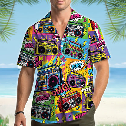 Lifestyle view of adult wearing retro hawaiian shirt
