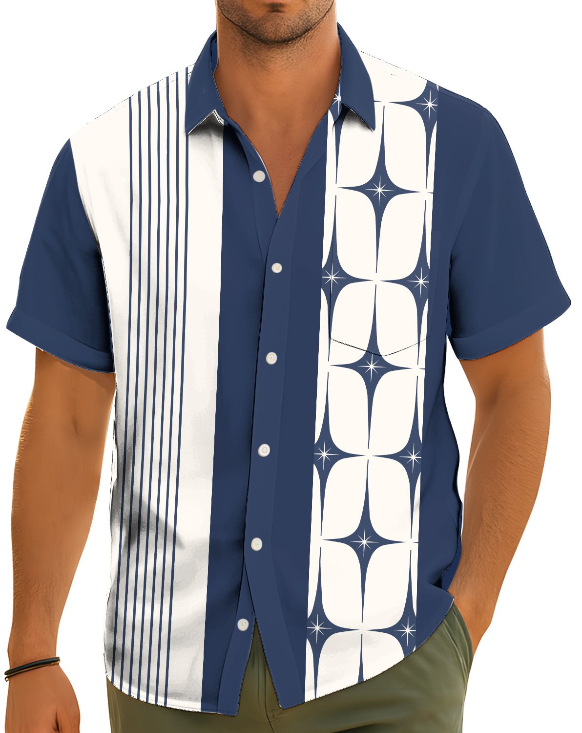 Lifestyle view of an adult wearing the matching family hawaiian shirt