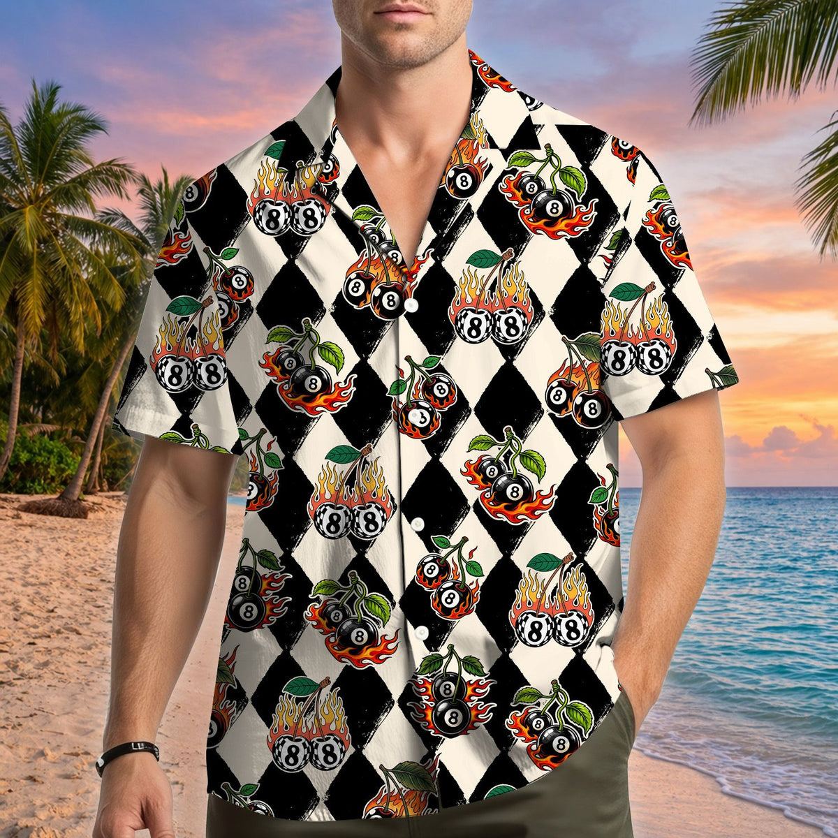 Lifestyle view of an adult wearing the retro hawaiian shirt