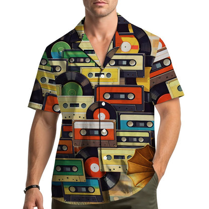 Lifestyle view of a person wearing the retro hawaiian shirt outdoors