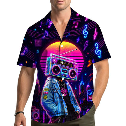 Family wearing matching family hawaiian shirts with retro boombox design
