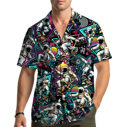 Family wearing matching retro hawaiian shirts outdoors