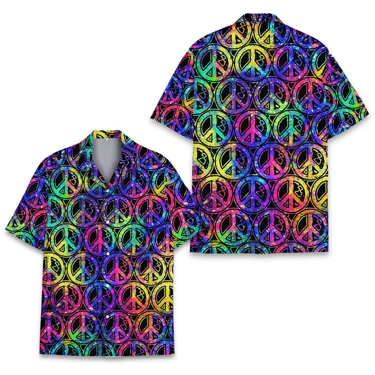 Close up view of the abstract peace sign pattern on the hawaiian shirt