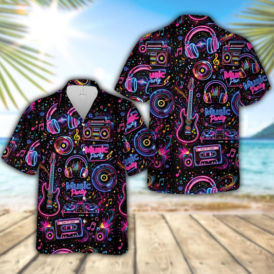 Matching family hawaiian shirts featuring a retro music party design in neon colors on a black background, main view