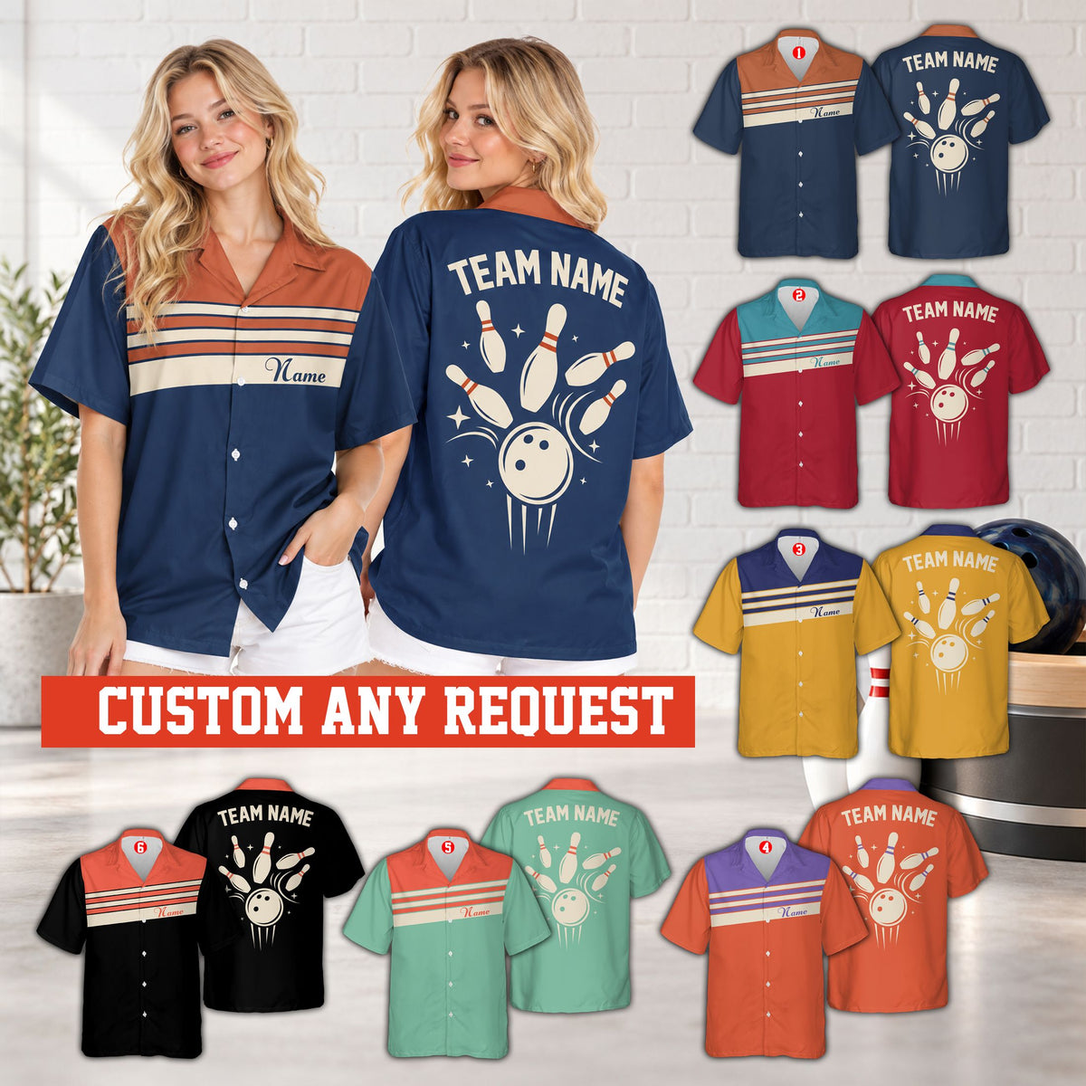 Lifestyle view of matching family hawaiian shirts in navy