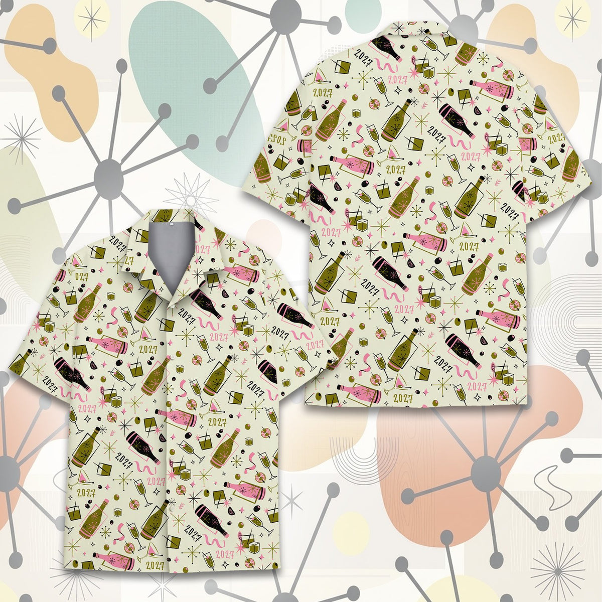 Second back view of the beige retro New Year hawaiian shirt