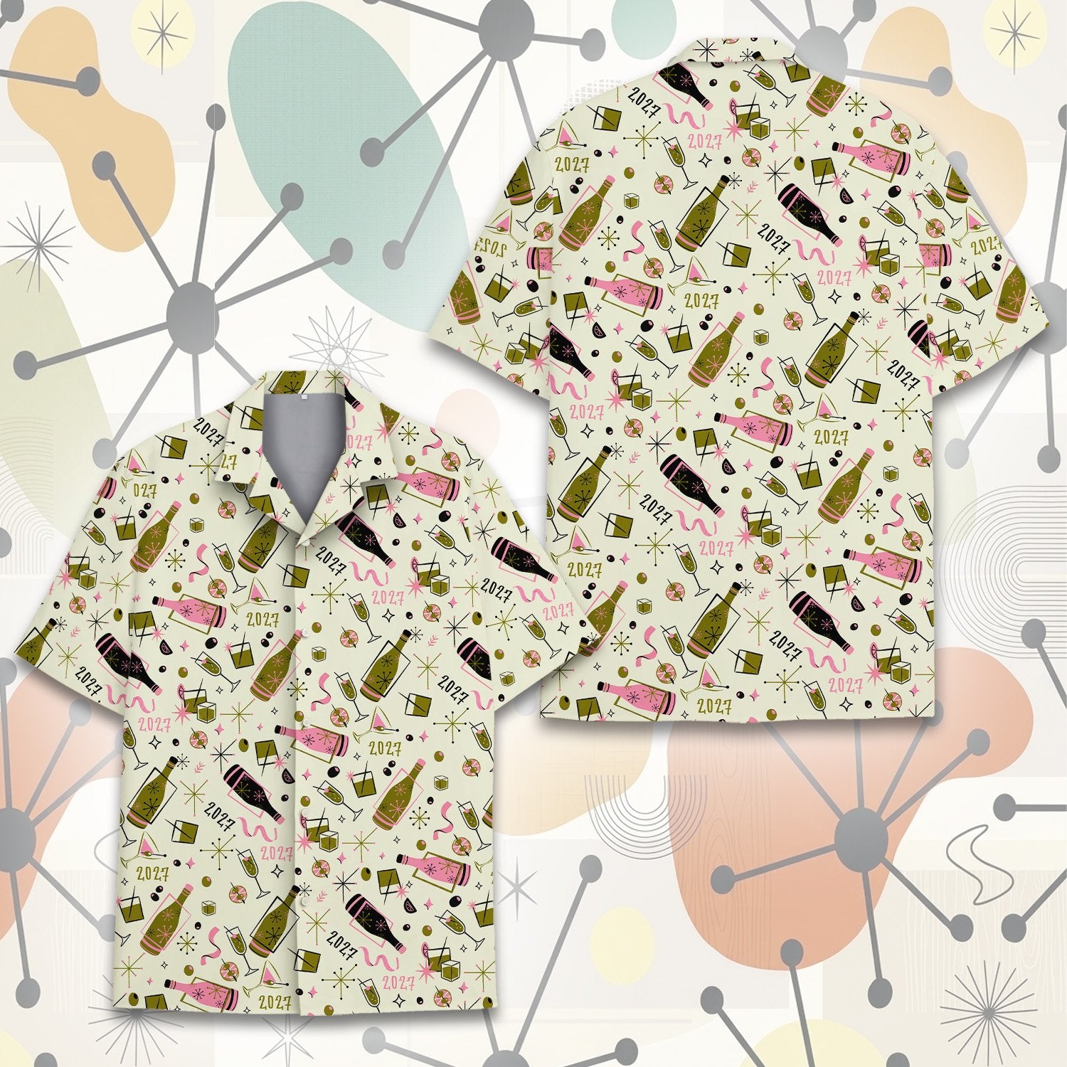 Second back view of the beige retro New Year hawaiian shirt