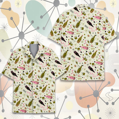 Second back view of the beige retro New Year hawaiian shirt