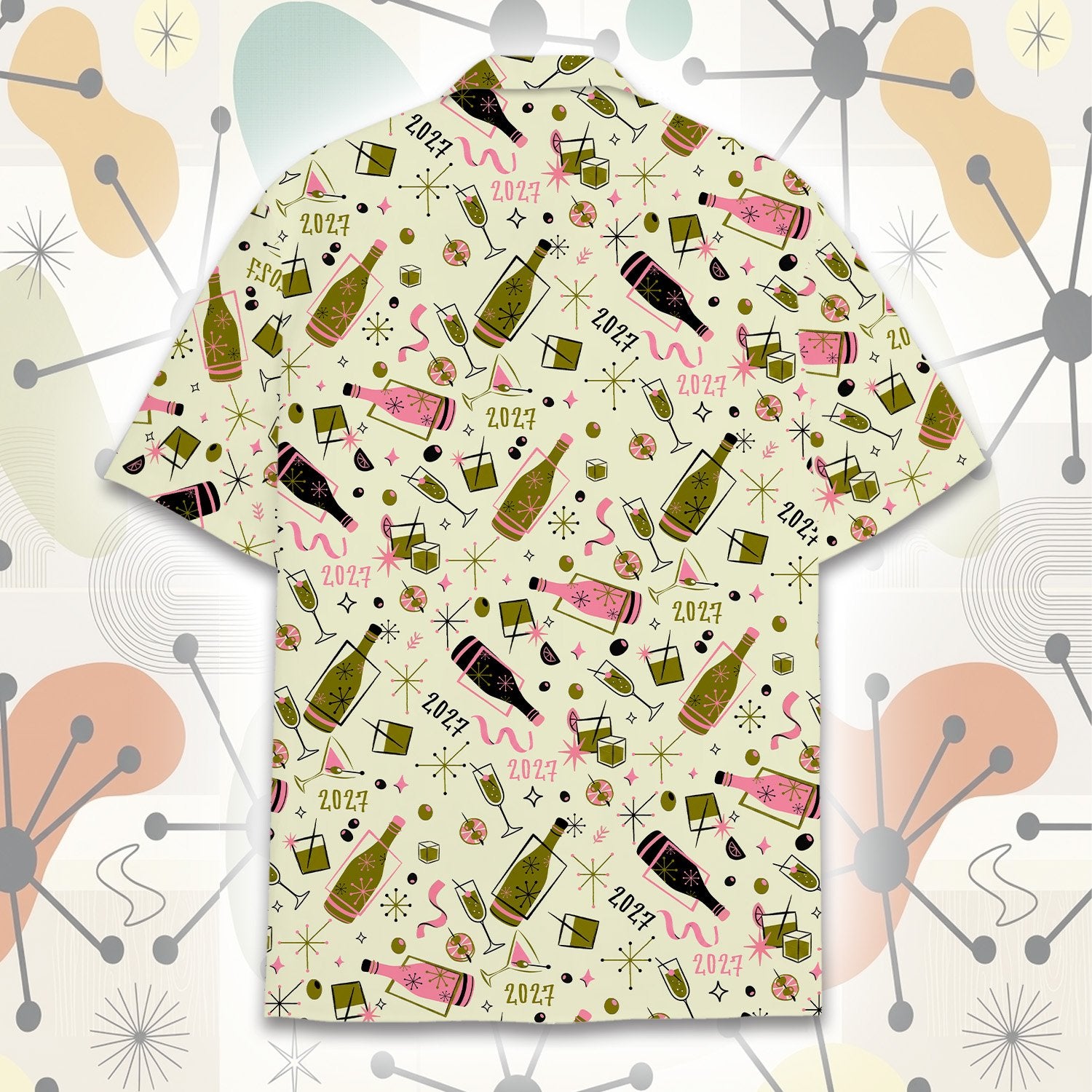 Third back view of the mid-century modern print hawaiian shirt