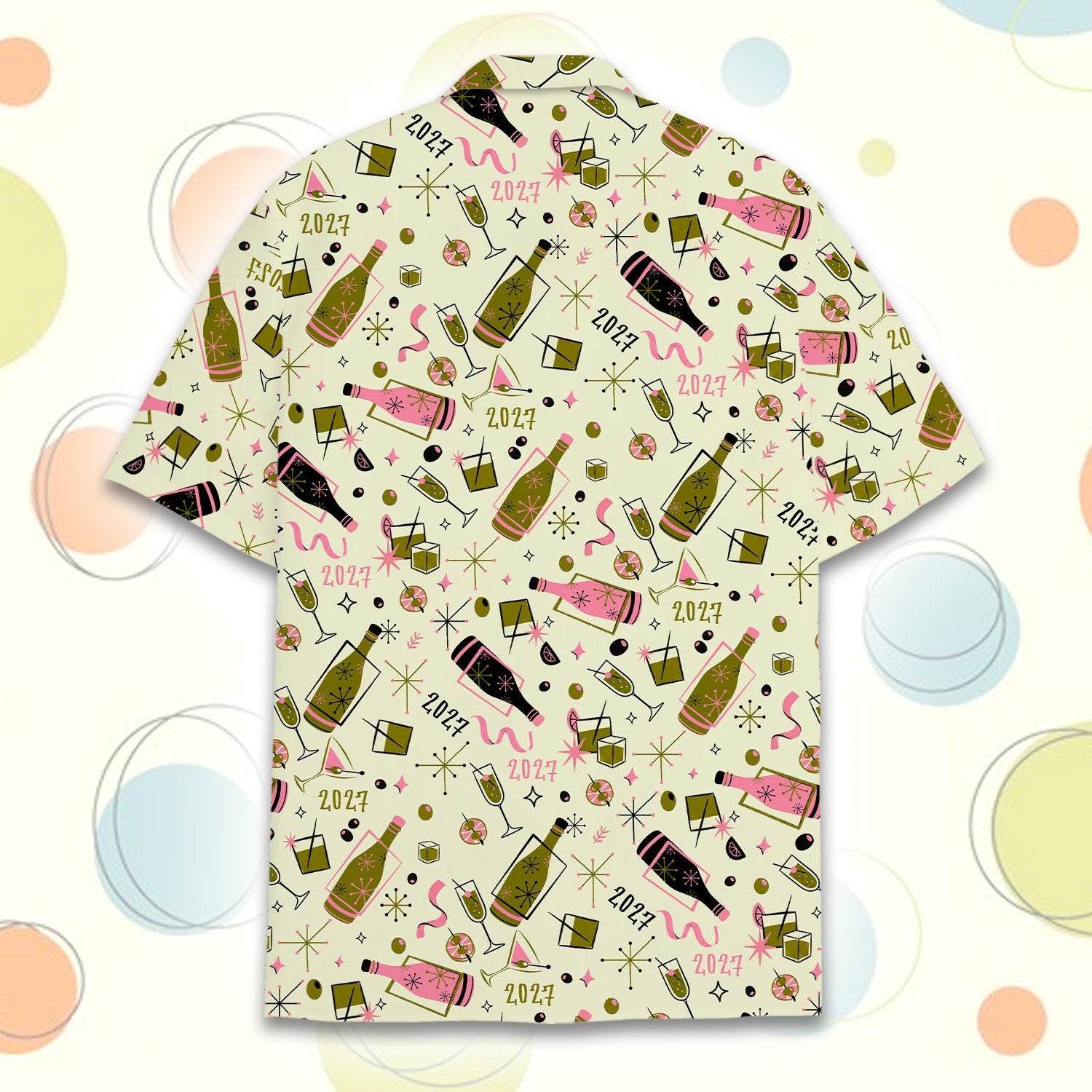 Front view of the beige retro New Year hawaiian shirt