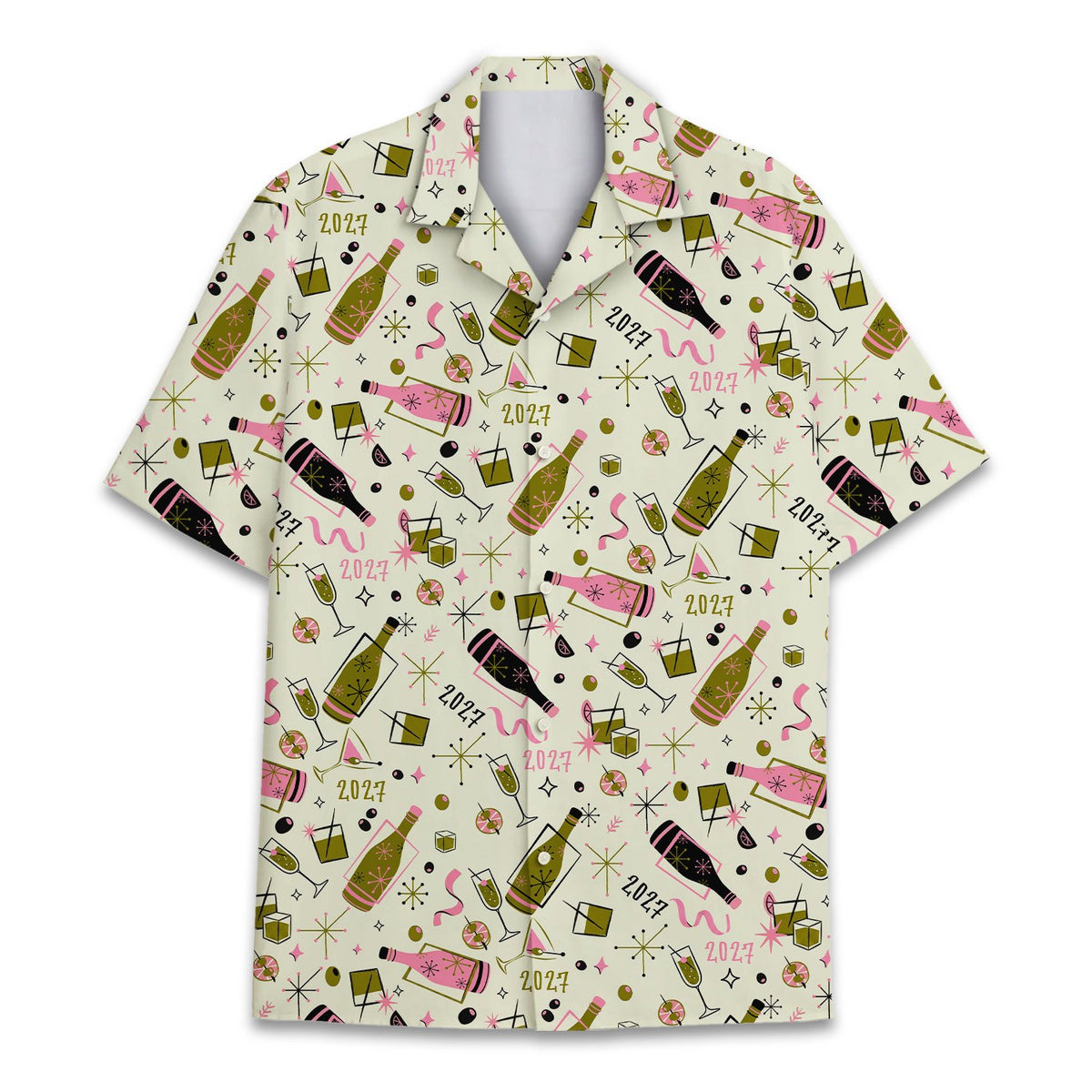 Lifestyle view of a person wearing the retro New Year hawaiian shirt