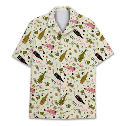 Lifestyle view of a person wearing the retro New Year hawaiian shirt