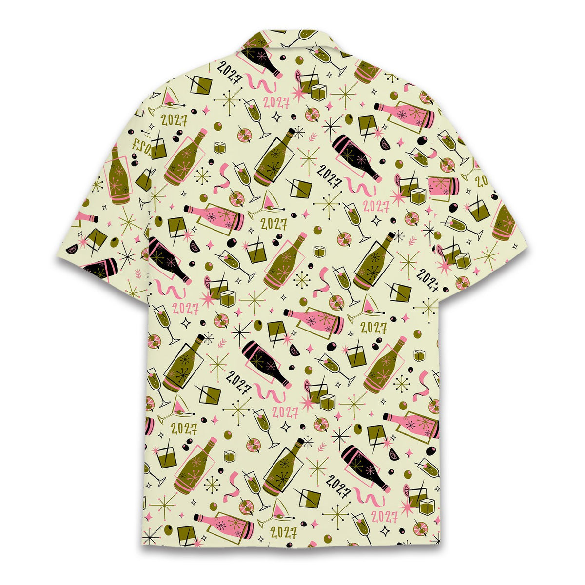 Third front view showing the colorful New Year hawaiian shirt design