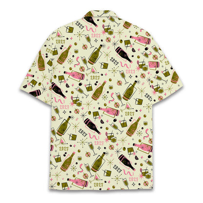 Third front view showing the colorful New Year hawaiian shirt design
