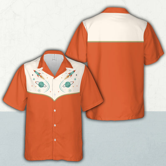 Retro space matching family Hawaiian shirt featuring an orange body and a white yoke with rocket ships, front view