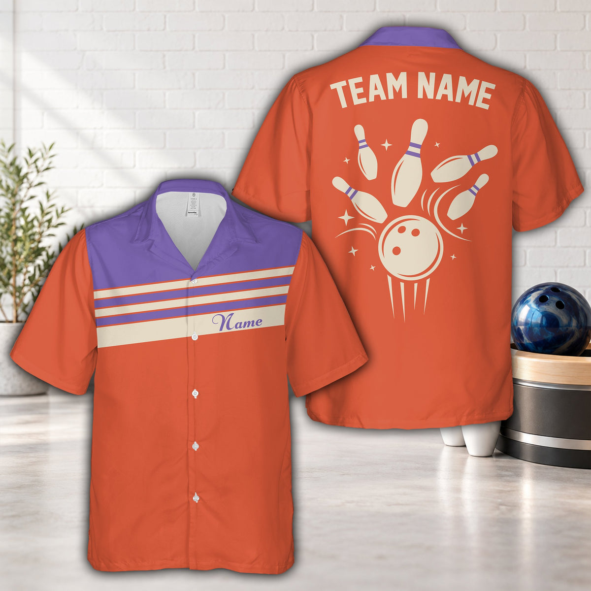 Retro hawaiian shirt in orange, front view