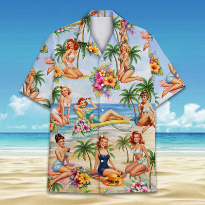 Detailed front view of the retro pin-up hawaiian shirt showing hibiscus and palm tree prints