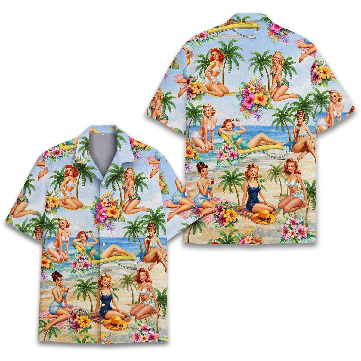 Close up front view of the retro pin-up beach hawaiian shirt