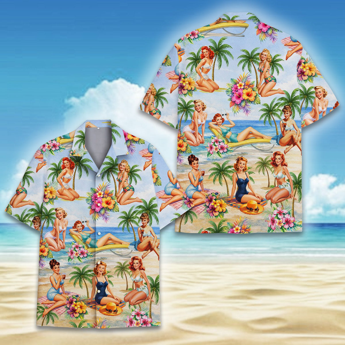 Another front view showcasing the vibrant light blue, red, and green pattern