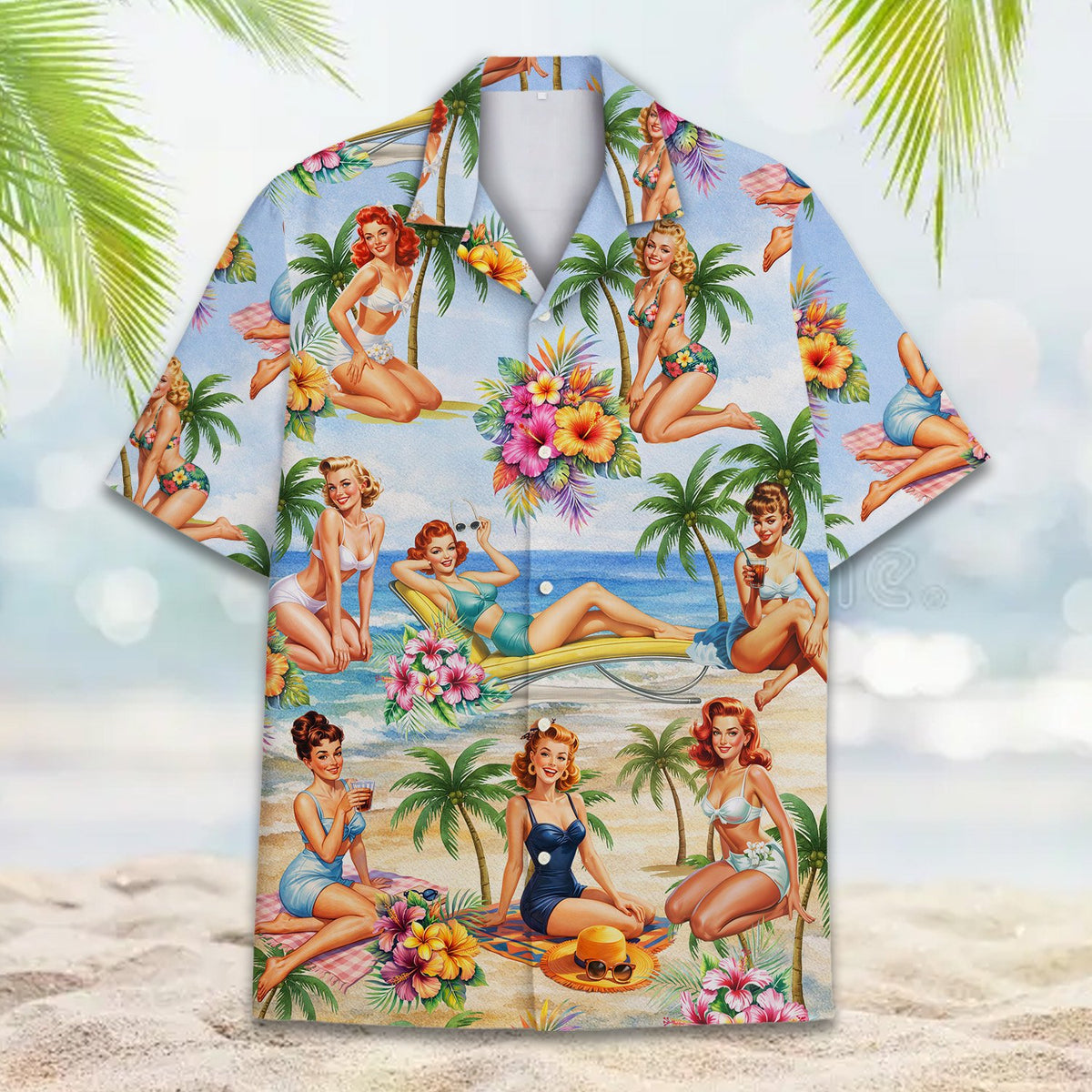 Front view of the retro pin-up beach hawaiian shirt on a light blue background