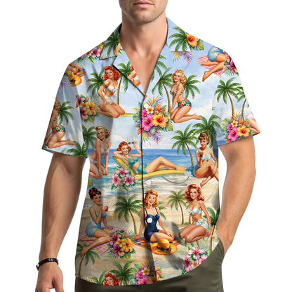 Lifestyle view of a person wearing the retro pin-up beach hawaiian shirt outdoors