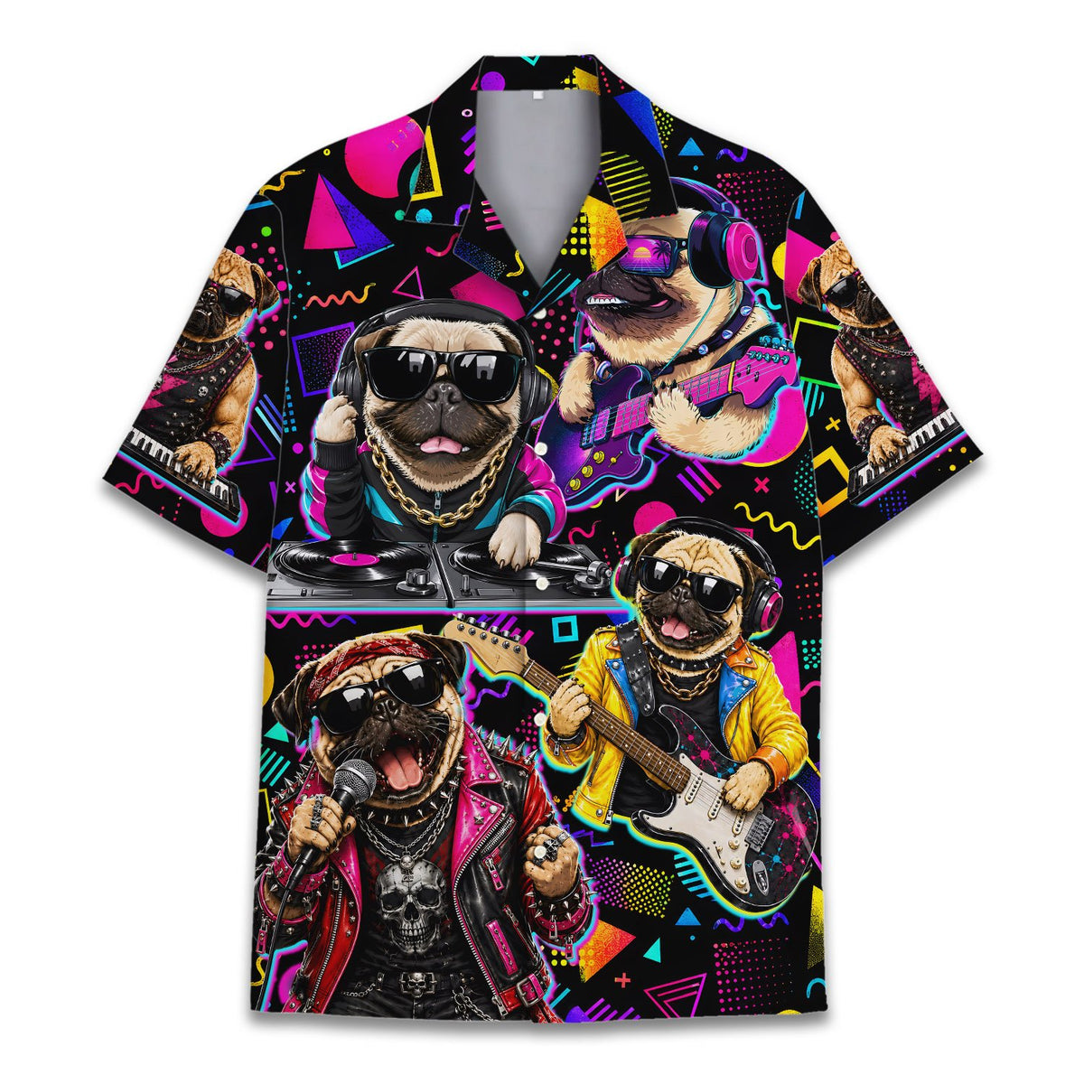 Front view of retro pug musicians hawaiian shirt in black