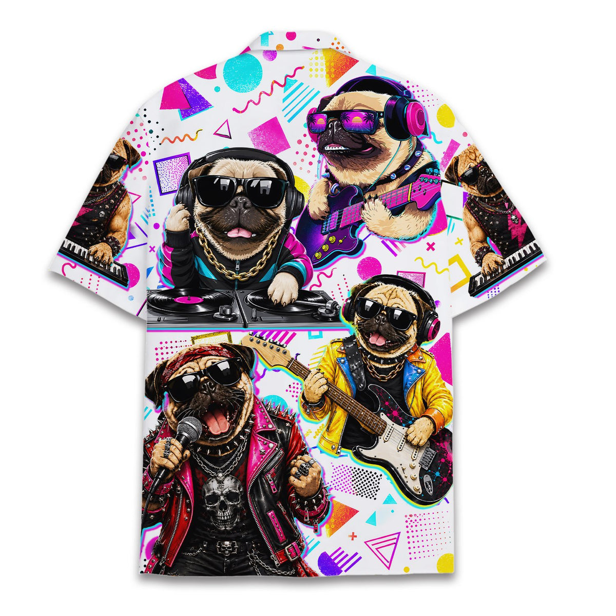 Back view of retro pug hawaiian shirt in white