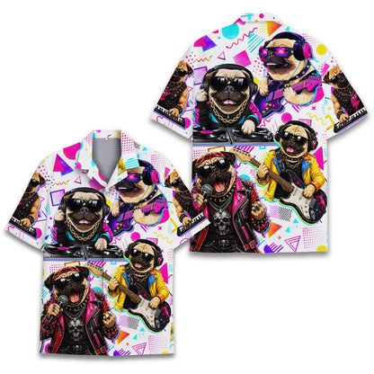 Front view of retro pug hawaiian shirt in white